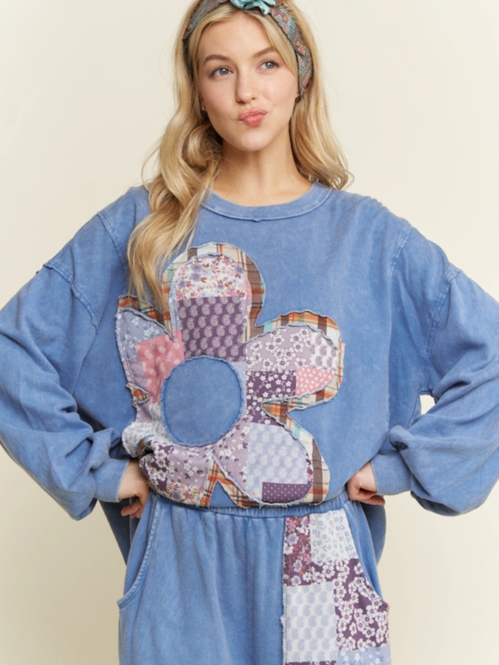 "The Flores" TOP Denim Blue Mineral Washed Boho DaisyPatch Top